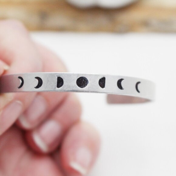 Moon Phases Bangle - Hand Stamped Anodized Aluminum Bangle - Adjustable - Picture 4 of 11